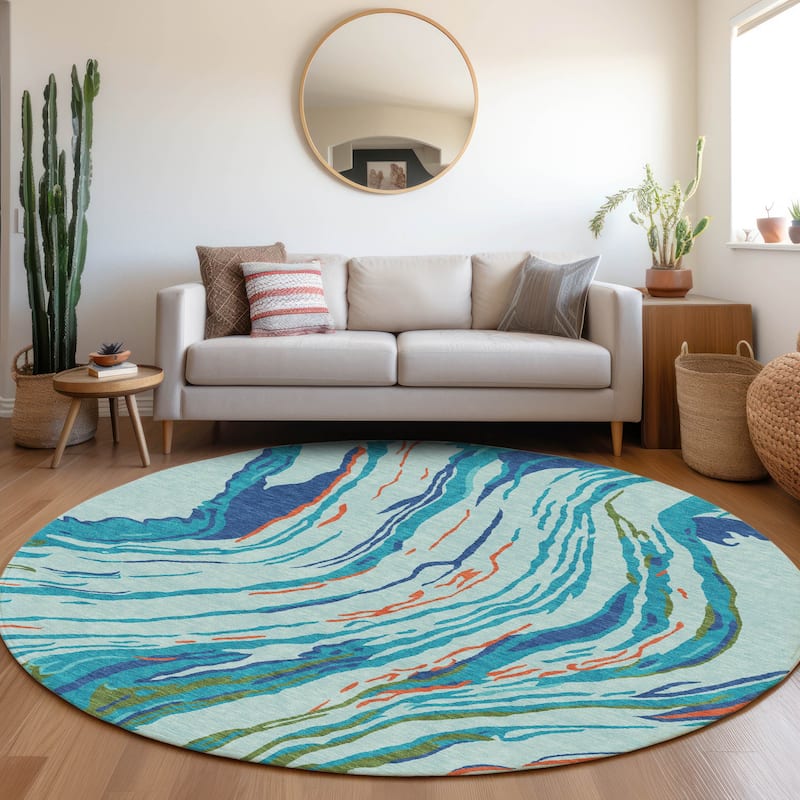 Machine Washable Indoor/ Outdoor Modern Wave Chantille Rug - Blue - 8' x 8'