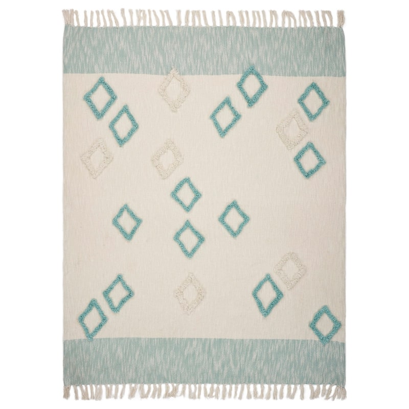 Sevita Diamond Skies Blue & Ivory Fringed Cotton Standard Size Throw Blanket