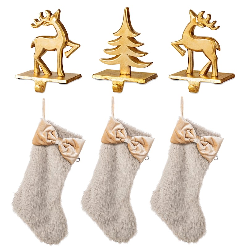 Glitzhome Resin Christmas Tree and Reindeer Stocking Holder with Stocking - 6PK Grey Stocking & Stocking holders