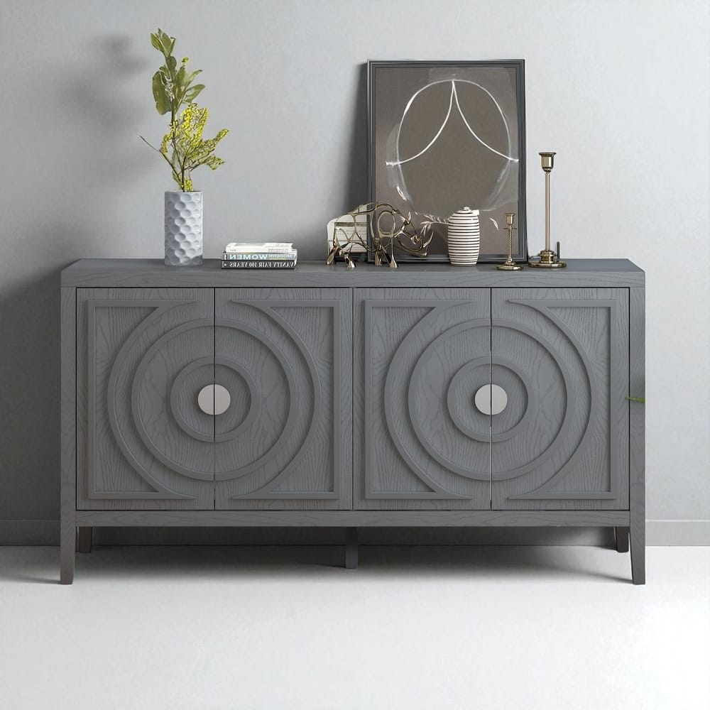 60" Retro Wood Sideboard with 4 Doors, Circular Groove Design, Adjustable Shelves, and Round Metal Handles