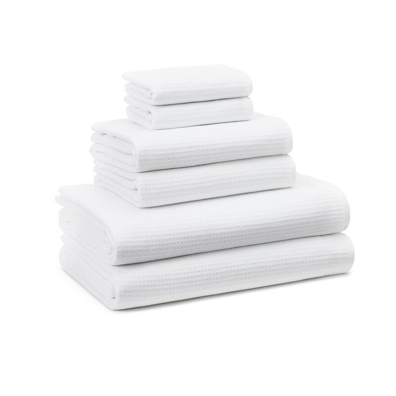 TOWN & COUNTRY BASICS 6-Piece Assorted Waffle Woven Terry Stripe Set, 2 Bath, 2 Hand, 2 Wash, 100% Cotton, Quick Dry