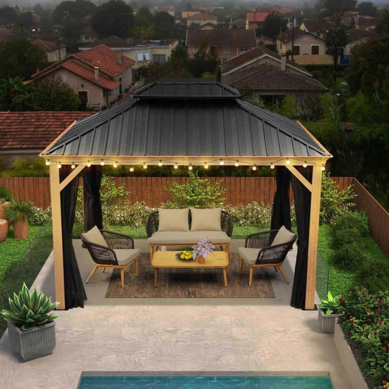 PURPLE LEAF Hardtop Gazebo Galvanized Steel Roof Gazebo Pergola w Wooden Coated Alumninum Frame and Mosquito Net - 10ft x 12ft - With lights
