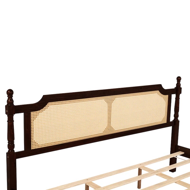 King Pine wooden Bed with Rattan Headboard and Footboard