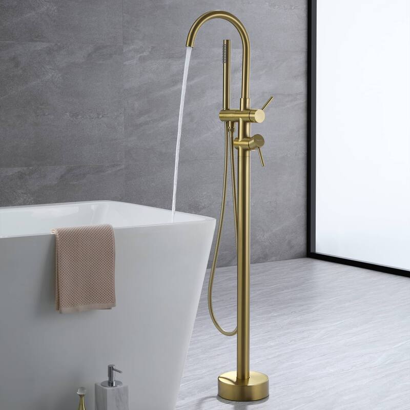 Freestanding Tub Faucet With Hand Shower Bathroom Floor Mounted Tub Filler Double Handle Bathtub Faucets Trim With Sprayer