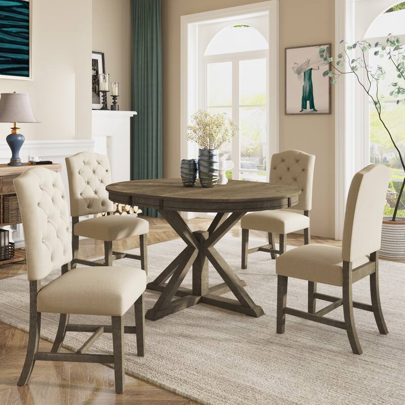 6-Piece Dining Table Set with Extendable Table and 4 Chairs - Natural Wood Wash