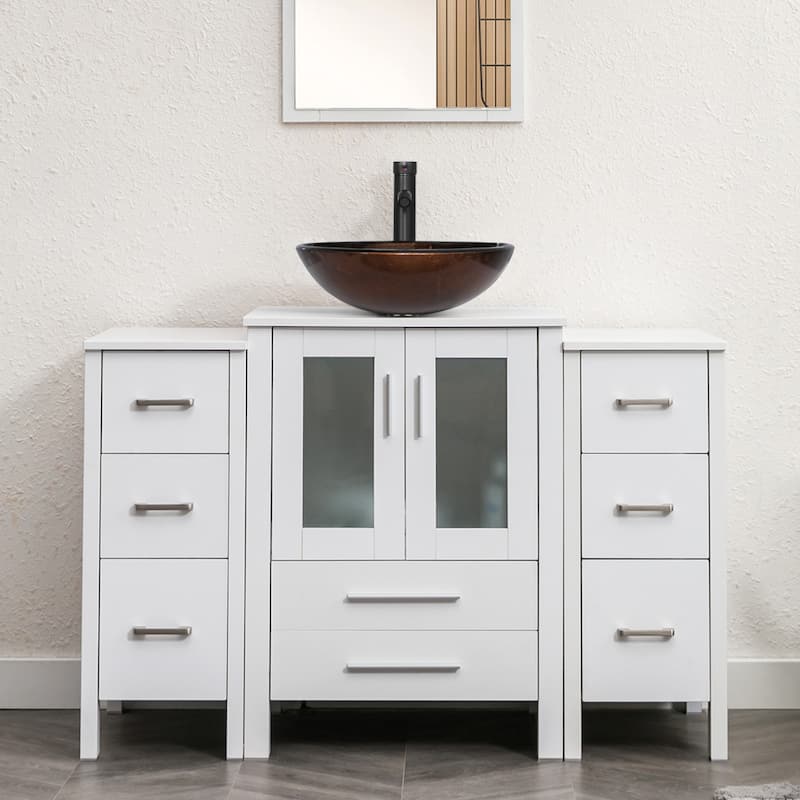 48" Bathroom Vanity Set Vessel Sink Faucet W/ Small Cabinet Combo - brown round sink - White