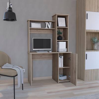 Computer Desk with Hutch, Single Door Cabinet & 3-Tier Shelves