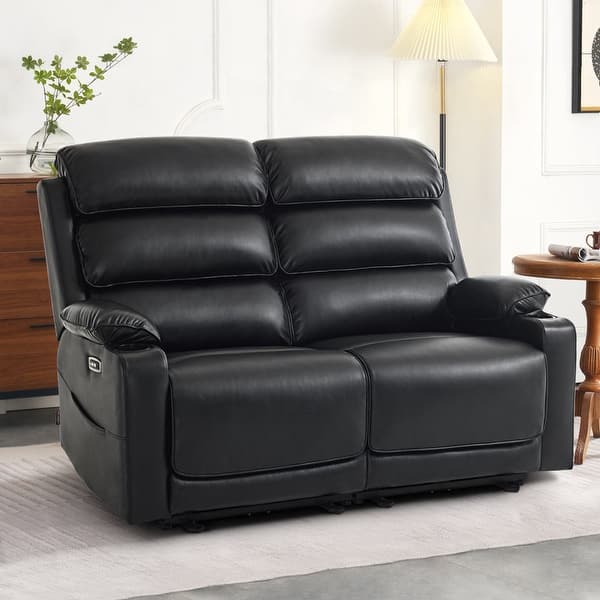 slide 2 of 8, MCombo 63.4" Power Loveseat with Adjustable Headrest, Heat and Vibration, Faux Leather Electric Loveseat Recliner 6711 Black