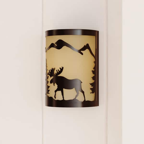 slide 2 of 13, Yellowstone 1 Light Bronze Rustic Moose Tree Flush Indoor Outdoor Wall Sconce - 8-in W x 11-in H x 5-in D Burnished Bronze - 8-in W x 11-in H x 5-in D