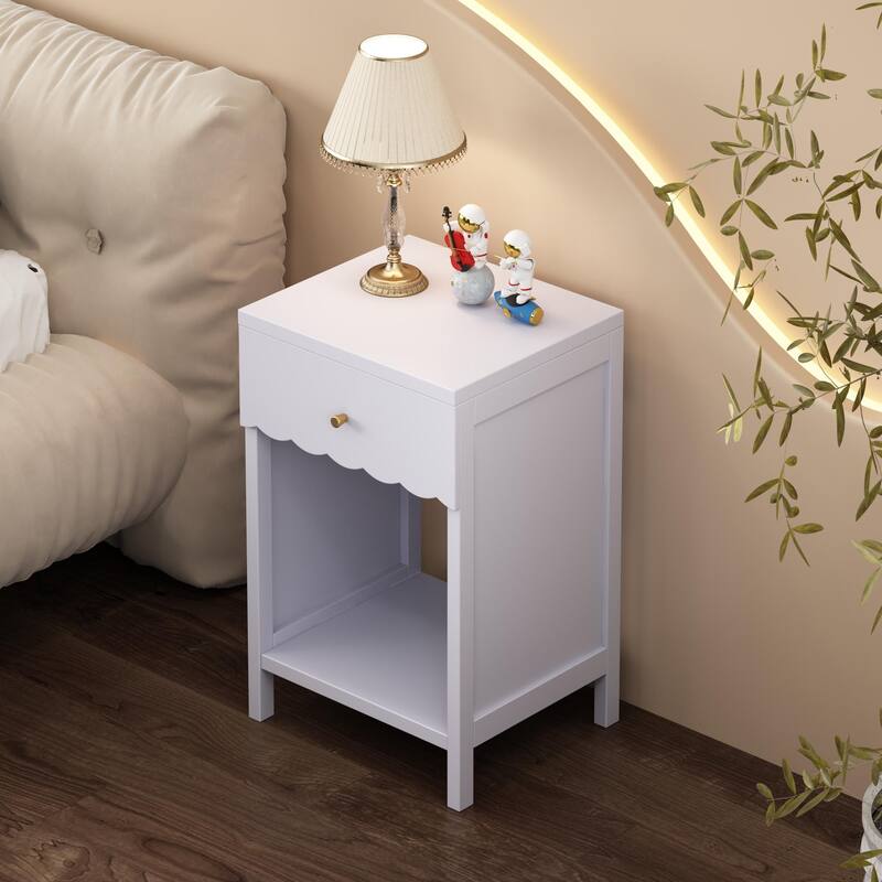 Modern Nightstand with Drawer and Open Shelf, Scalloped Edge Bedside Table for Bedroom, Cute Minimalist Side Table