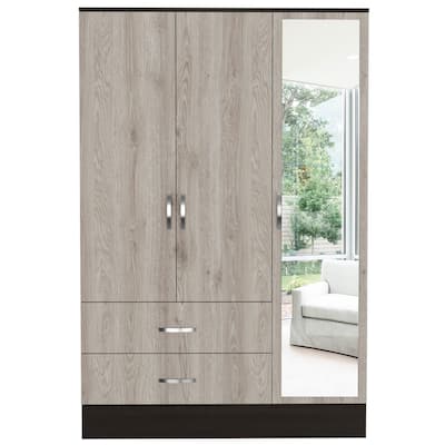 Rectangle 3-Door Mirrored Armoire w/Drawers and Mirror & Hanging Rod