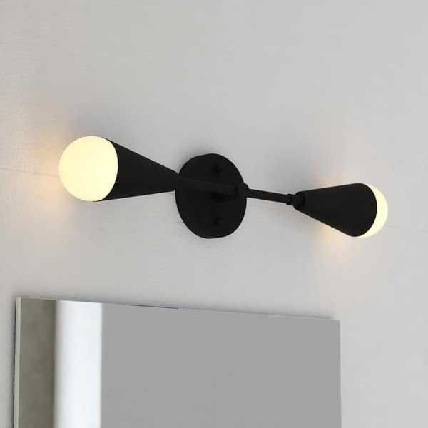 slide 2 of 12, Zurich 2-Light 18 in. Modern Contemporary Bathroom Vanity Wall Fixture, Metal Cone Shade, Dimmable, LED Compatible Matte Black - 18-in W x 4.5-in H x 3.75-in D