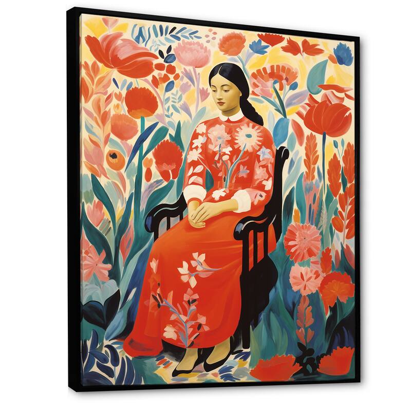 Designart "Mexican Floral Woman Portrait I" Woman Mexican Red Wall Decor - Glam Living Room Framed Canvas Art