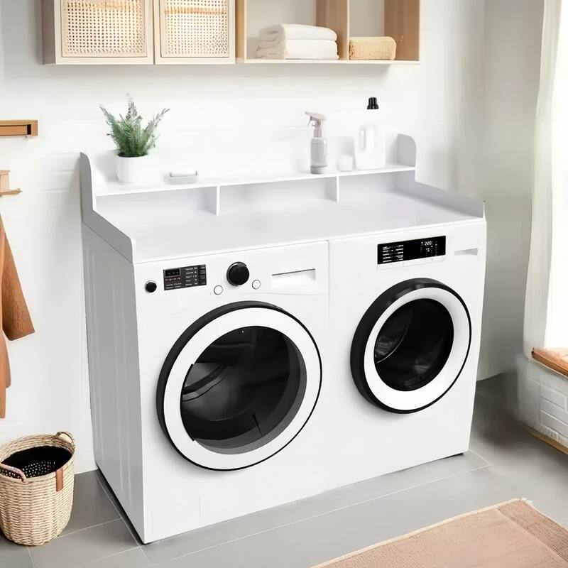 Double Layer Laundry Wood Shelf Topper for Washer and Dryer - White