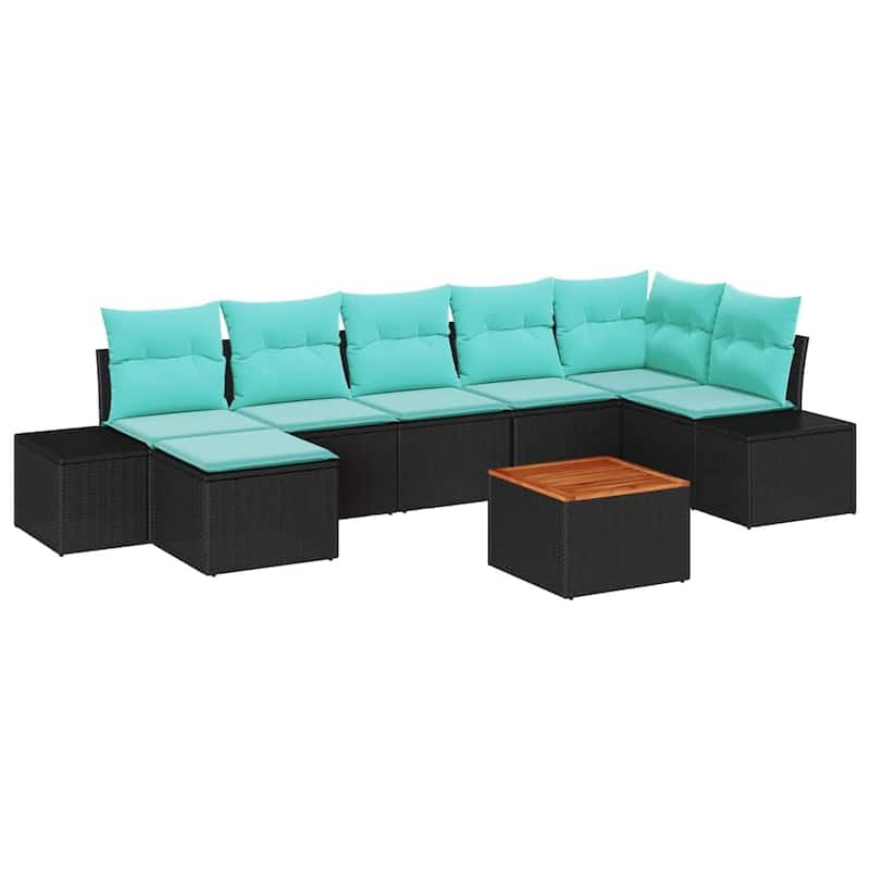 vidaXL 8 Piece Garden Sofa Set with Cushions Black Poly Rattan Acacia - 125.6×60.6×27.2