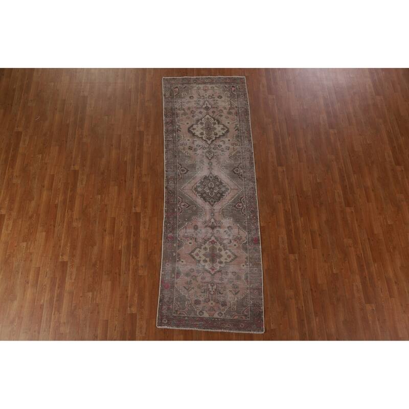 Hand Knotted Oriental 100% Wool Carpet Traditional Geometric Pink Hamedan Runner Rug - 9' 7'' X 3' 3''