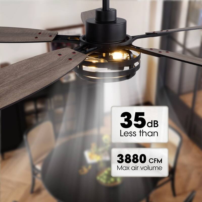 52Inch Farmhouse Black Caged Ceiling Fans With Light Modern Rustic Wood Grain Fandeliers For living room dining room - 52in.