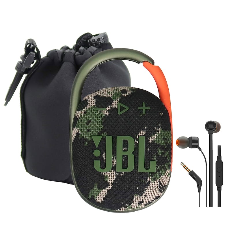 JBL Clip 4 Portable Bluetooth Waterproof Speaker (Squad) + Waterproof Neoprene Medium Lens Pouch + JBL T110 in Ear Headphones - Squad