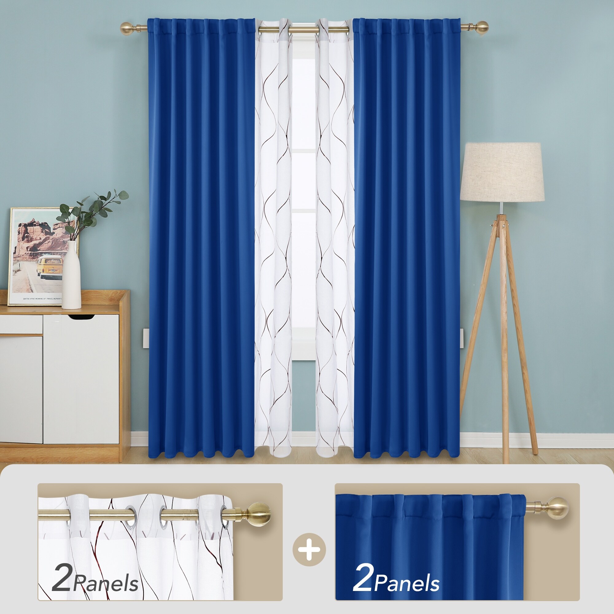 Deconovo Mix & Match Blackout and Bronze Print White Sheer 4 Piece Curtain Panel Set