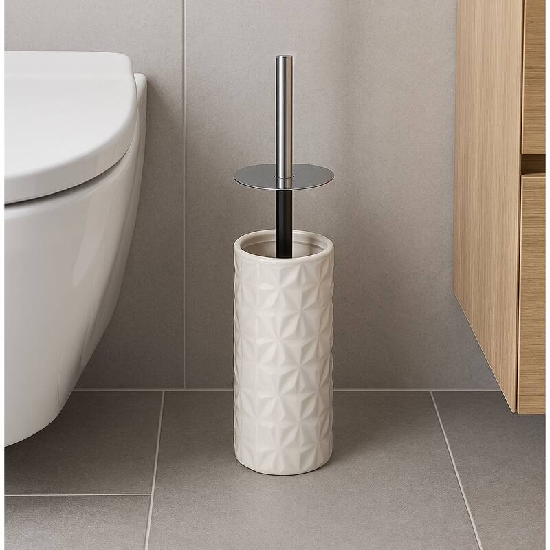 15" Tall Embossed Textured Beige Cream Ceramic Toilet Brush Set with Holder