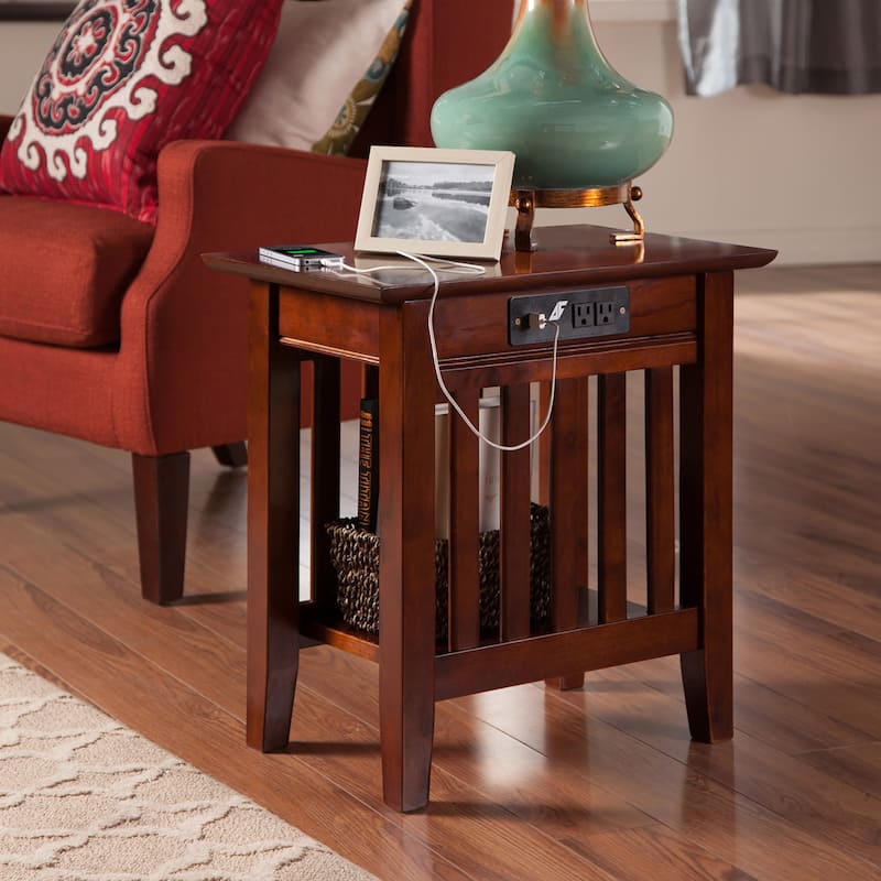 AFI Mission Chair Side Table with Charging Station - Walnut