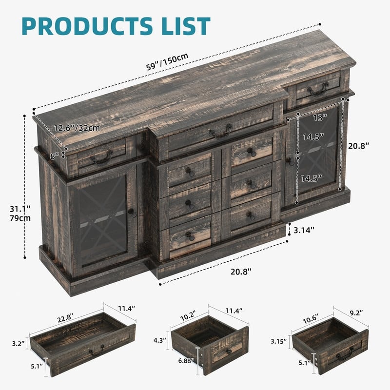 Moasis Farmhouse 59" TV Stands with 9 Drawers and Adjustable Shelves & Tempered Glass Doors