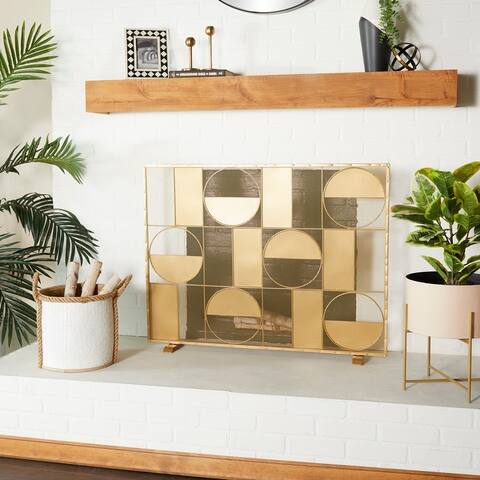 Gold Metal Cut-Out Single Panel Geometric Fireplace Screen with Mesh Netting