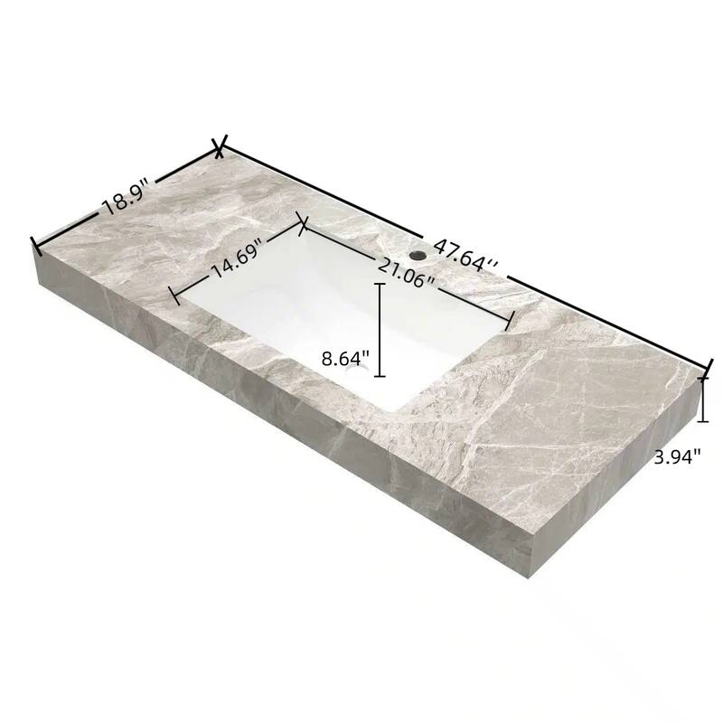 48" Light Gray Sintered Stone Countertop & Ceramic Basin ONLY, NO Cabinet, NO Faucet and Sink Cover