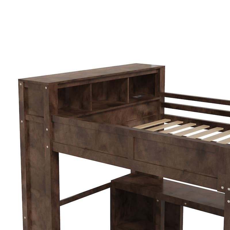 Heavy-Duty Loft Bed Queen Size Loft Frame with Wardrobe Desk USB