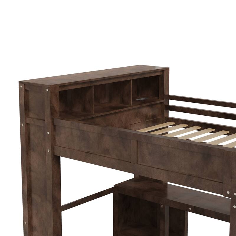 Modern Wooden Queen Size Loft Bed Frame with Wardrobe and Desk, Storage Headboard Built-in USB Charging Port