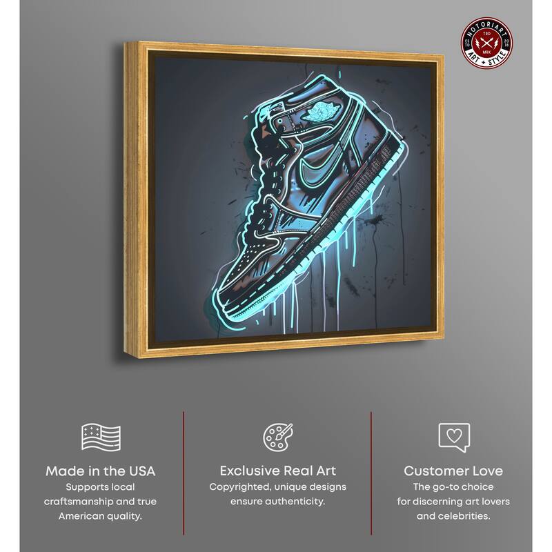 Notoriart Blue Glow Sneaker Framed Sneaker 1 Piece Canvas Wall Art
