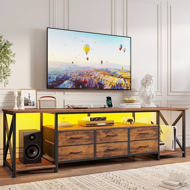 TV Stand with LED Lights Power Outlets Dresser Fabric Drawers Entertainment Center