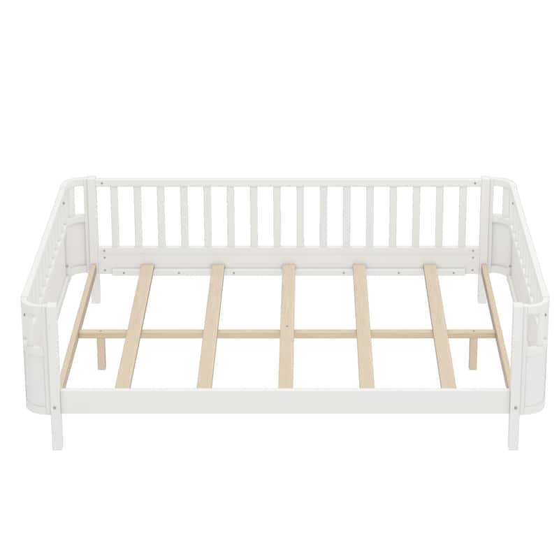 Multi Size Low Platform Bed for Kids with Rounded Corners Guardrails, Detachable Right-side Fence and Open Left-side Design