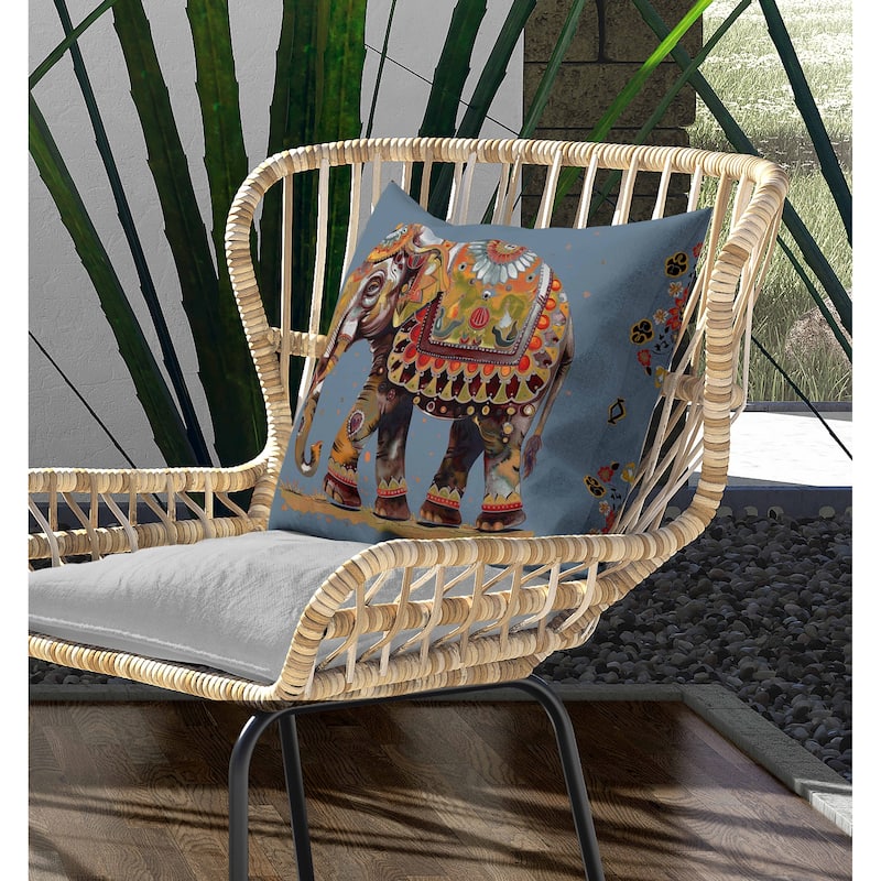 Decorated Elephant Indoor/Outdoor Reversible Throw Pillow Blue and Orange