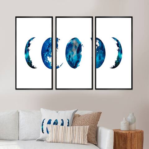 Designart "Blue Moon Phases" Bohemian & Eclectic Framed Canvas Wall Art Set of 3 - 4 Colors of Frames