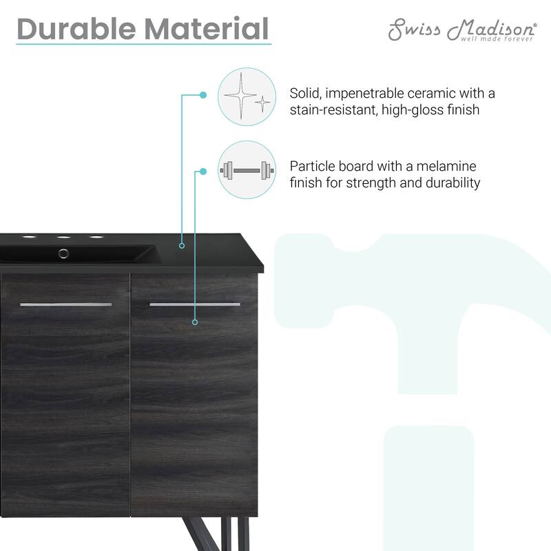 Annecy 36 In. Black Walnut Bathroom Vanity With Black, 3-Hole Ceramic Sink Top