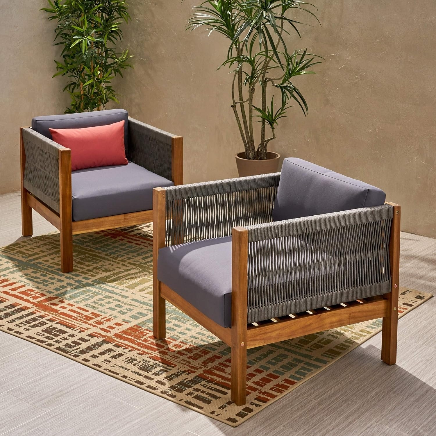 Set of 2 Laurel Outdoor Club Chairs with Acacia Wood & Rattan Weave