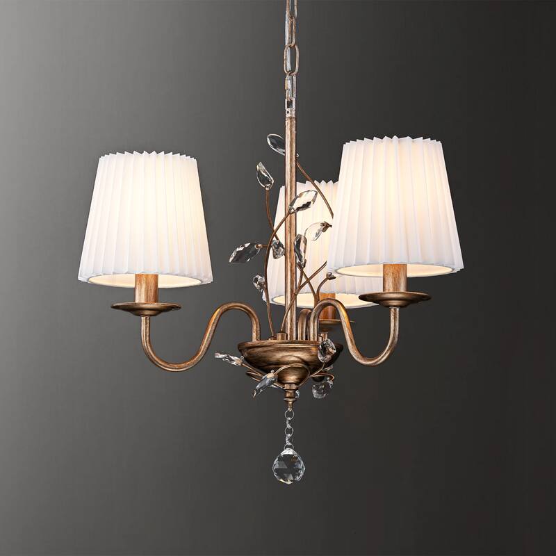 3-Light Vintage Antique Brushed Gold White Fabric Pleated Shades Chandelier with Crystal Ornament for Living Room, Dinning Room