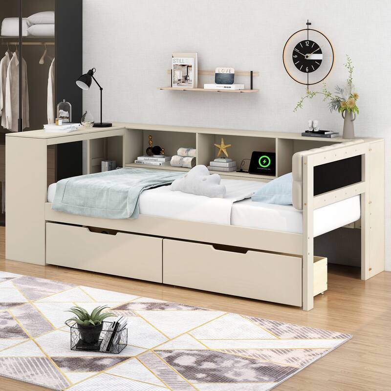 Twin Size Platform Bed with Storage, Drawers, Charging Station, and Upholstered Headboard in Cream