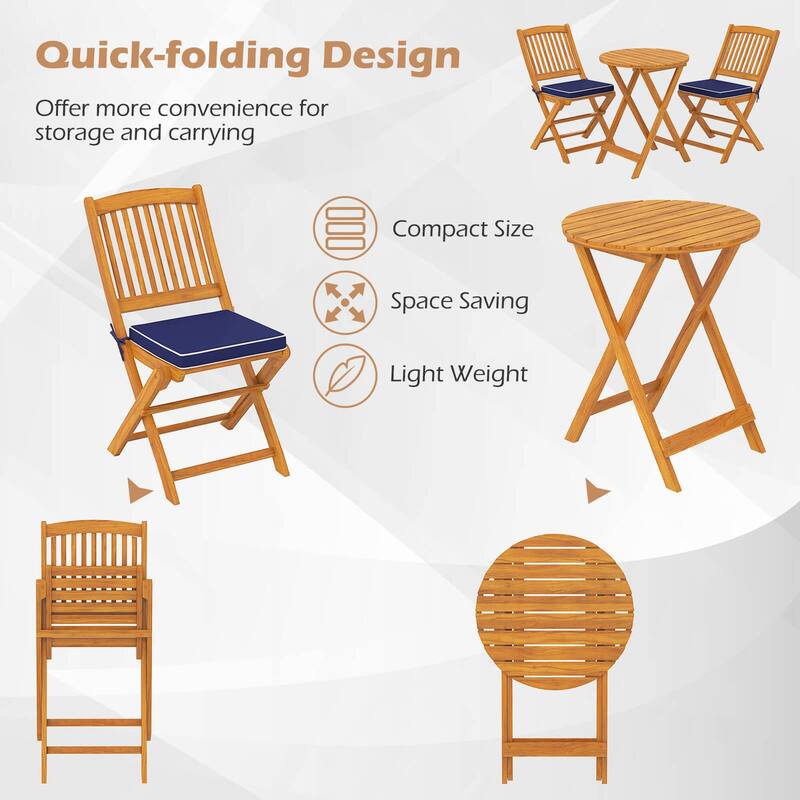 Costway 3 PCS Acacia Wood Patio Bistro Set Folding Table & Chairs Set - See Details