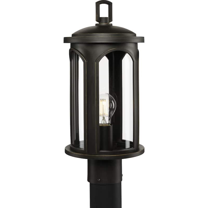 Gables Collection 1-Light Antique Bronze Clear Glass Traditional Outdoor Post Lantern Light - 7.5 in x 7.5 in x 16.75 in - 7.5 in x 7.5 in x 16.75 in