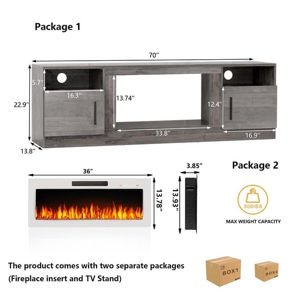 dimension image slide 4 of 6, Bossin 70" Fireplace TV Stand with 36" Electric Fireplace, TV Stand for TVs Up to 80", 20 Colors LED Lights/Entertainment Center