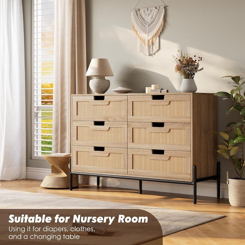 Natural Rattan 6 Drawer Dresser Boho Dresser with Chest of Drawers Modern Storage Cabinet
