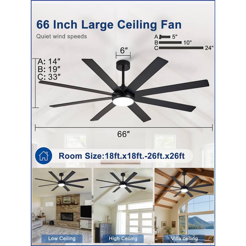 Large Ceiling Fan with Light - 8-Blade, Remote App Control, Dimmable 3CCT, Quiet DC Motor​, 66/72 Inches
