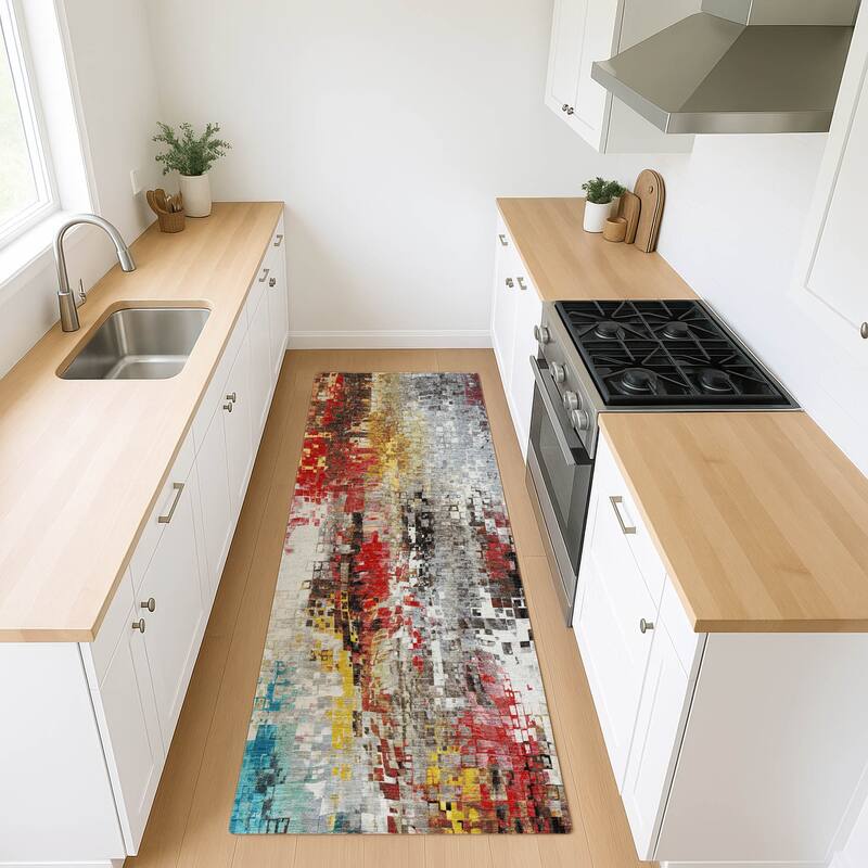 Machine Washable Indoor/ Outdoor Abstract Pixels Chantille Rug
