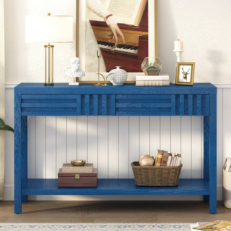 Living Room Wood Entryway Console Table with Striped Design, 51.3" Narrow Long Sofa Table with 2 Drawers and Open Storage Shelf