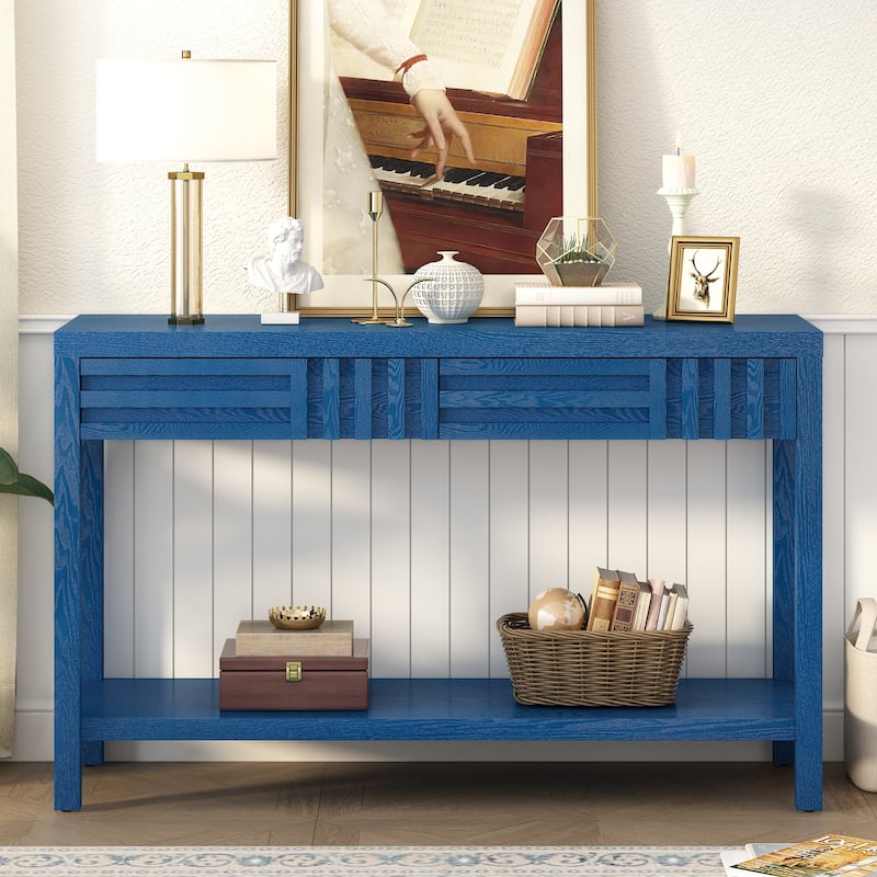 Wooden Console Table, Hallway Tables with 2 Drawers and Open Shelf