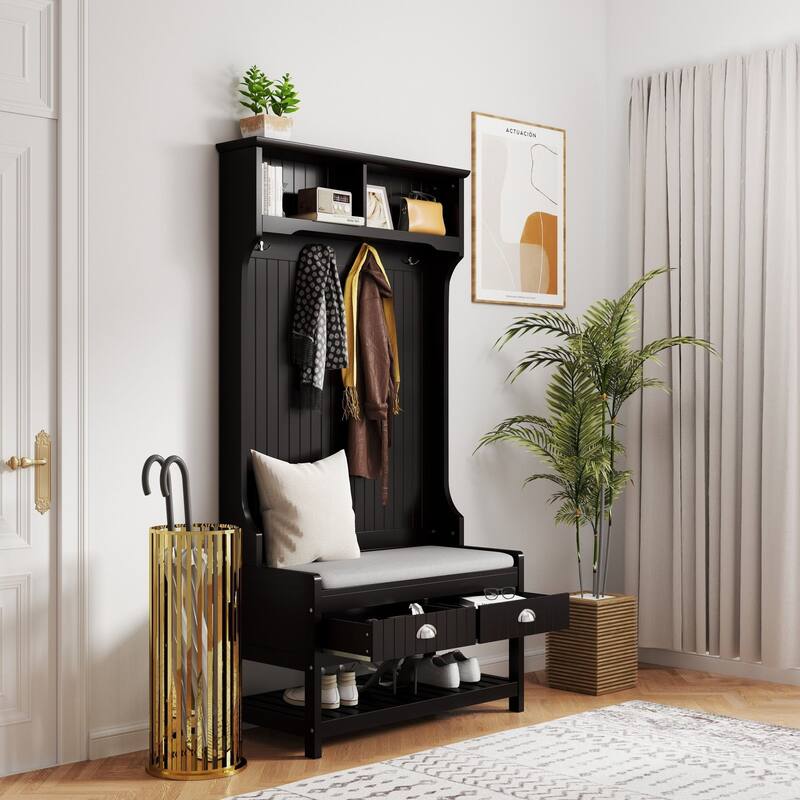 3-in-1 Hallway Hall Tree with 2 Storage Drawers, 4 Coat Hooks, Padded Bench Cushion, Entryway Shoe Rack with Top Shelves