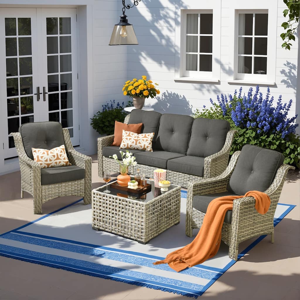 HOOOOWOOO 5-piece Wicker Rattan Patio Outdoor Furniture Ergonomic Conversation Set with Coffee Table