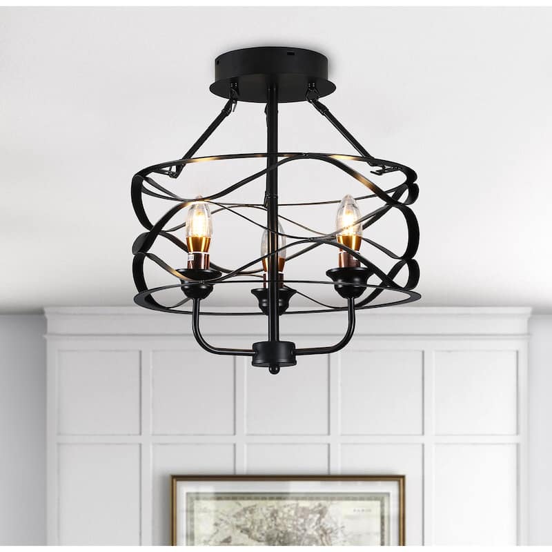 Modern Black Iron Frame 3-Light Semi Flush Mount Lighting Fixture - Black